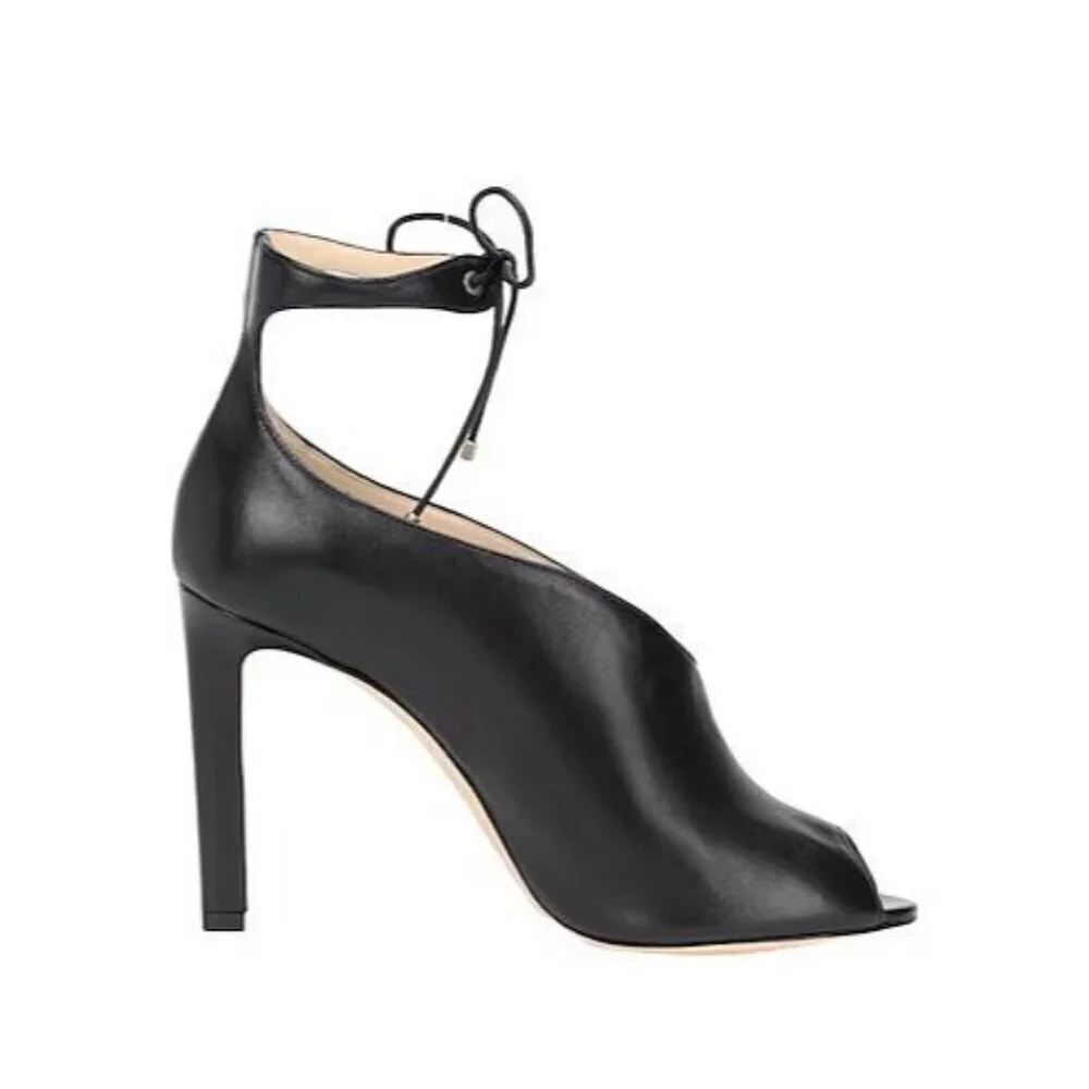 Jimmy Choo Sayra 100 Peep-Toe Leather Booties – Black – Size 39.5 / US 9.5 – NIB